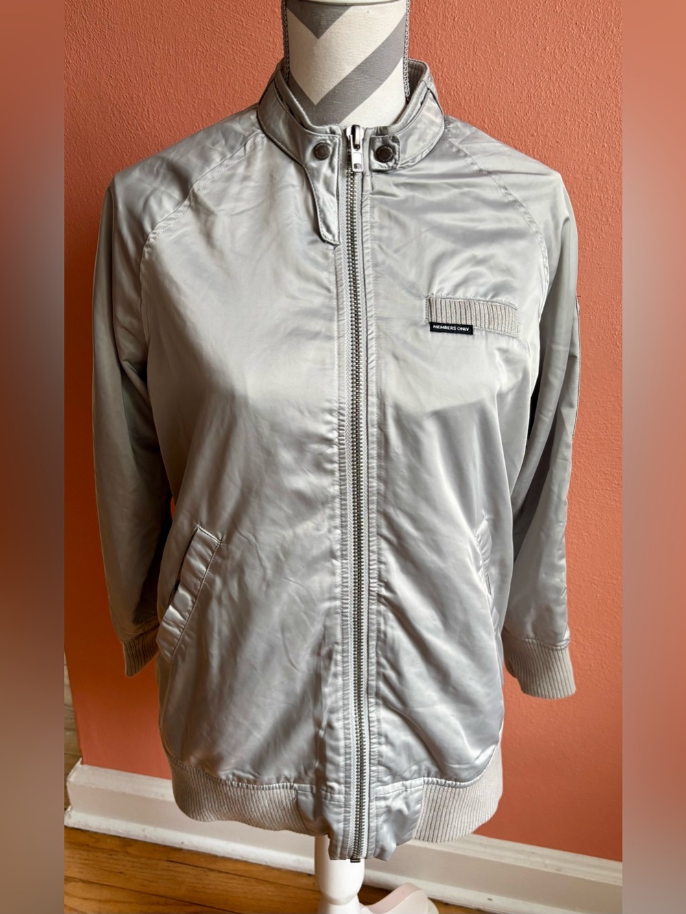 Members Only Light Gray Satin Bomber Jacket